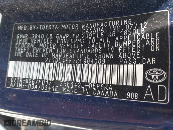 2012 Toyota Corolla L with VIN 2T1BU4EE7CC904009, listed as a IAAI auction lot 42084020 with 155,925 mi miles. Bid and sale history available at carsss.com. Image 9.
