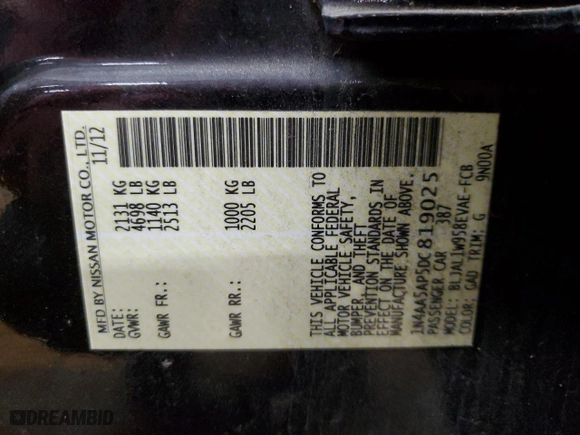 2013 Nissan Maxima 3.5 SV w/Sport Pkg with VIN 1N4AA5AP5DC819025, listed as a Copart auction lot 43457355 with 156,877 mi miles and Salvage Title. Bid and sale history available at carsss.com. Image 14.