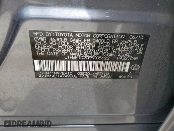 2014 Lexus IS 250 with VIN JTHBF1D20E5005622, listed as a Copart auction lot 54598975 with 107,547 mi miles and Salvage Title. Bid and sale history available at carsss.com. Image 12.