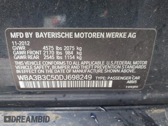 2013 BMW 3 Series 328i xDrive with VIN WBA3B3C50DJ698249, listed as a IAAI auction lot 42303923 with 130,527 mi miles and . Bid and sale history available at DreamBid. Image 9.