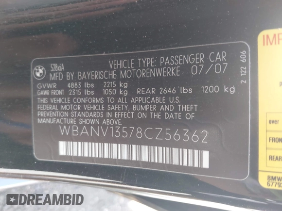 2008 BMW 5 Series 528xi with VIN WBANV13578CZ56362, listed as a IAAI auction lot 42212019 with 166,207 mi miles and . Bid and sale history available at carsss.com. Image 9.