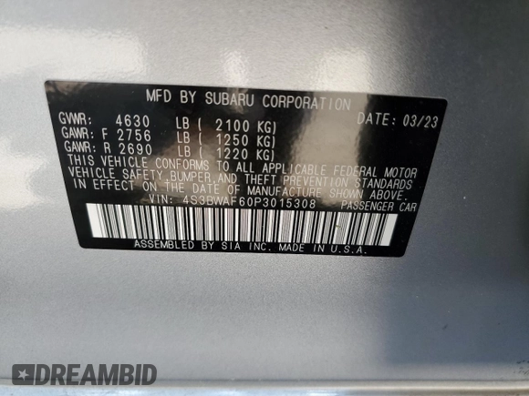 2023 Subaru Legacy Premium with VIN 4S3BWAF60P3015308, listed as a Copart auction lot 56574725 with 9,484 mi miles and Salvage title. Bid and sale history available at DreamBid. Image 12.