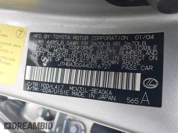 2004 Lexus ES 350 with VIN JTHBA30G440016727, listed as a IAAI auction lot 41748015 with 203,450 mi miles and . Bid and sale history available at DreamBid. Image 9.