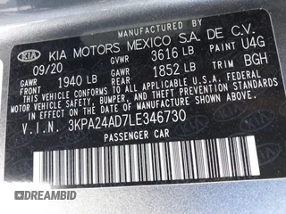2020 Kia Rio LX with VIN 3KPA24AD7LE346730, listed as a IAAI auction lot 41854329 with 35,649 mi miles. Bid and sale history available at carsss.com. Image 9.