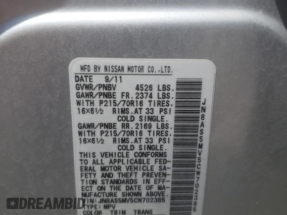 2012 Nissan Rogue S with VIN JN8AS5MV5CW702385, listed as a Copart auction lot 61538285 with 108,471 mi miles and Salvage title. Bid and sale history available at DreamBid. Image 14.