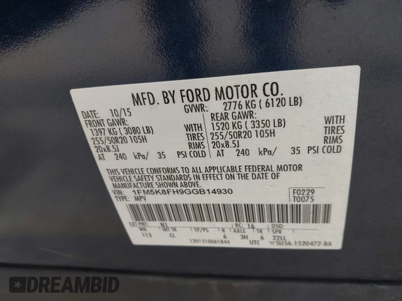2016 Ford Explorer Limited with VIN 1FM5K8FH9GGB14930, listed as a IAAI auction lot 41846602 with 155,367 mi miles and . Bid and sale history available at DreamBid. Image 9.