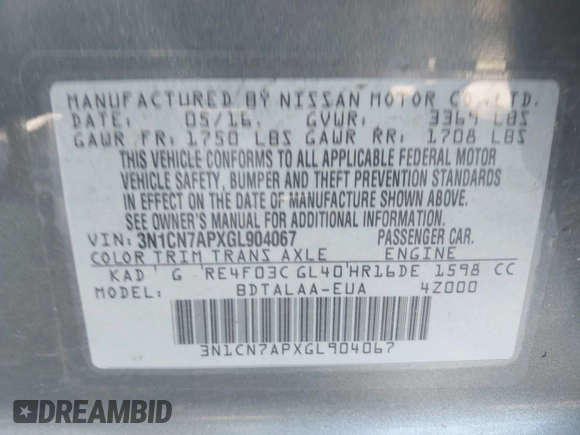 2016 Nissan Versa SV z VIN 3N1CN7APXGL904067, wystawiony jako IAAI lot #40968514 z przebiegiem 107 909 mil mil oraz . Historia ofert i sprzedaży dostępna na DreamBid. Obrazek 9.