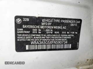 2015 BMW 3 Series 328i with VIN WBA3A5G5XFNS90734, listed as a Copart auction lot 65254575 with 116,664 mi miles and Salvage title. Bid and sale history available at DreamBid. Image 12.