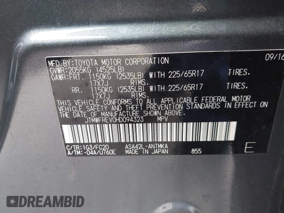 2017 Toyota RAV4 XLE with VIN JTMWFREV0HD094323, listed as a IAAI auction lot 41922013 with 71,601 mi miles. Bid and sale history available at carsss.com. Image 9.