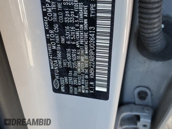 2023 Hyundai Kona SE with VIN KM8K22AB9PU036413, listed as a Copart auction lot 48015535 with 38,931 mi miles and Salvage Title. Bid and sale history available at DreamBid. Image 12.