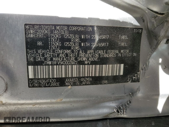 2019 Toyota RAV4 XLE with VIN JTMW1RFV5KD003972, listed as a Copart auction lot 49154825 with 0 mi miles and Salvage Title. Bid and sale history available at carsss.com. Image 14.
