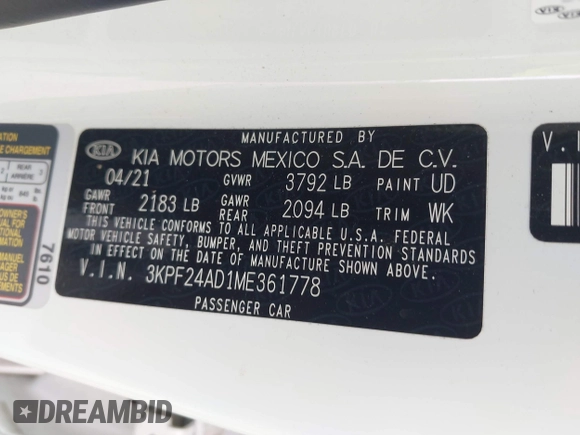 2021 Kia Forte LXS z VIN 3KPF24AD1ME361778, wystawiony jako IAAI lot #42275086 z przebiegiem 13 472 mil mil oraz . Historia ofert i sprzedaży dostępna na DreamBid. Obrazek 9.