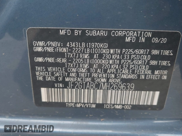 2021 Subaru Crosstrek with VIN JF2GTABC7MH269639, listed as a IAAI auction lot 39495875 with 38,760 mi miles and . Bid and sale history available at DreamBid. Image 9.