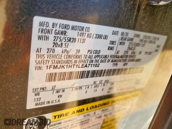 2020 Ford Expedition Max XLT with VIN 1FMJK1HT1LEA71102, listed as a Copart auction lot 57693765 with 92,136 mi miles and Salvage title. Bid and sale history available at DreamBid. Image 13.