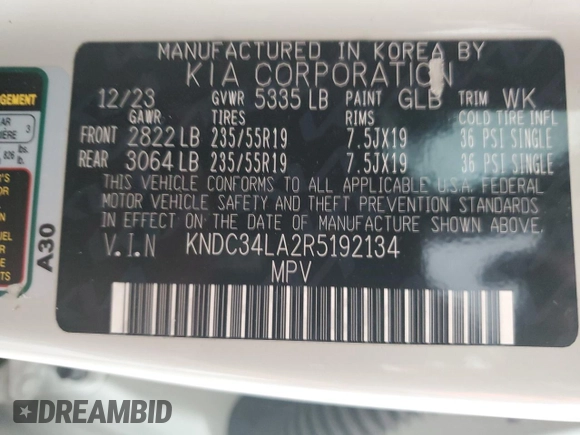 2024 Kia EV6 Wind with VIN KNDC34LA2R5192134, listed as a Copart auction lot 54619775 with 28,630 mi miles and Clean Title. Bid and sale history available at DreamBid. Image 14.