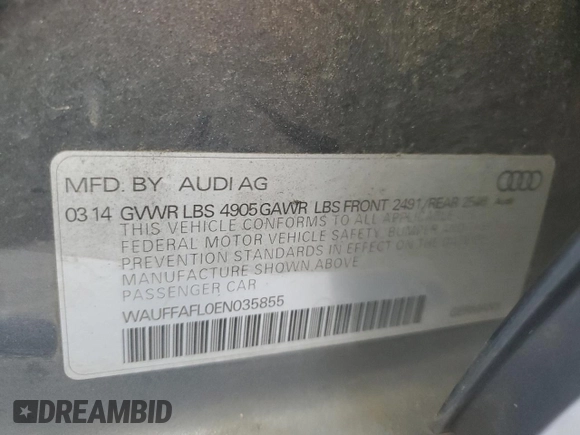 2014 Audi A4 Premium Plus z VIN WAUFFAFL0EN035855, wystawiony jako Copart lot #58722385 z przebiegiem 64 067 mil mil oraz Szkoda całkowita • Salvage title. Historia ofert i sprzedaży dostępna na DreamBid. Obrazek 13.