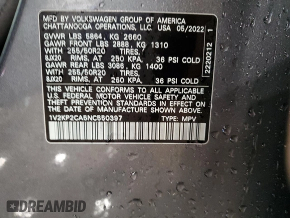 2022 Volkswagen Atlas SE with VIN 1V2KP2CA5NC550397, listed as a Copart auction lot 87377514 with 56,235 mi miles and Salvage title. Bid and sale history available at DreamBid. Image 14.