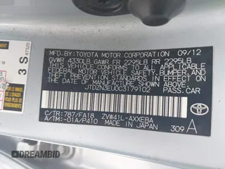 2012 Toyota Prius Two with VIN JTDZN3EU0C3179102, listed as a IAAI auction lot 42248858 with 150,507 mi miles and . Bid and sale history available at DreamBid. Image 9.