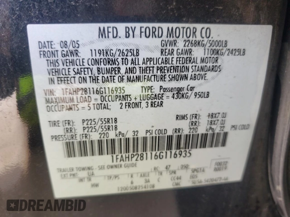 2006 Ford Five Hundred Limited with VIN 1FAHP28116G116935, listed as a Copart auction lot 86310394 with 219,892 mi miles and Non Repairable. Bid and sale history available at carsss.com. Image 12.