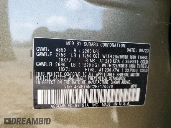 2024 Subaru Outback Limited with VIN 4S4BTANC2R3170070, listed as a Copart auction lot 55589505 with 8,904 mi miles and Salvage title. Bid and sale history available at DreamBid. Image 14.