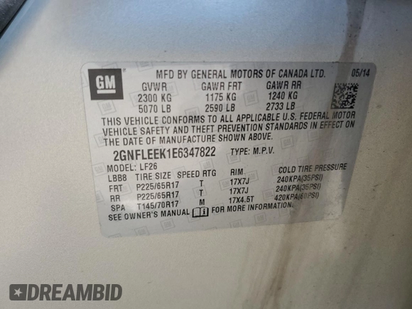 2014 Chevrolet Equinox LS with VIN 2GNFLEEK1E6347822, listed as a Copart auction lot 54272895 with 150,813 mi miles and Salvage Title. Bid and sale history available at DreamBid. Image 13.