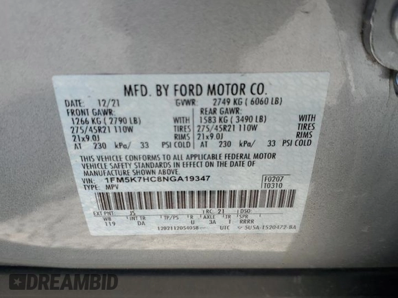 2022 Ford Explorer Platinum с VIN 1FM5K7HC8NGA19347, выставлен на аукционе Copart как лот 62957975 с пробегом 36 962 миль миль и Списание • Salvage title. История ставок и продаж доступна на DreamBid. Изображение 13.