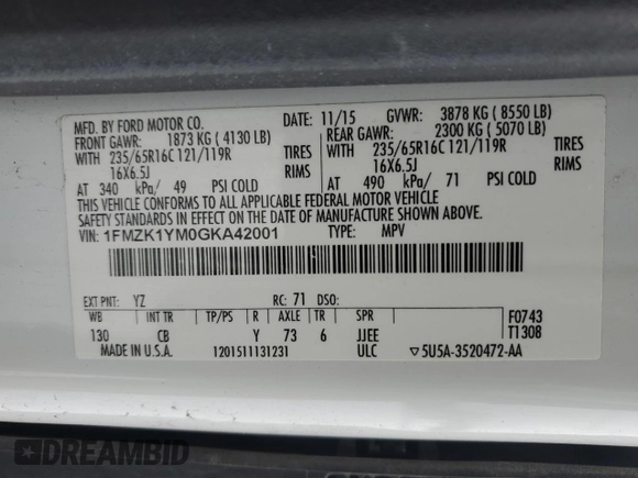 2016 Ford Transit Wagon XL with VIN 1FMZK1YM0GKA42001, listed as a Copart auction lot 44488315 with 106,634 mi miles and Salvage Title. Bid and sale history available at carsss.com. Image 14.