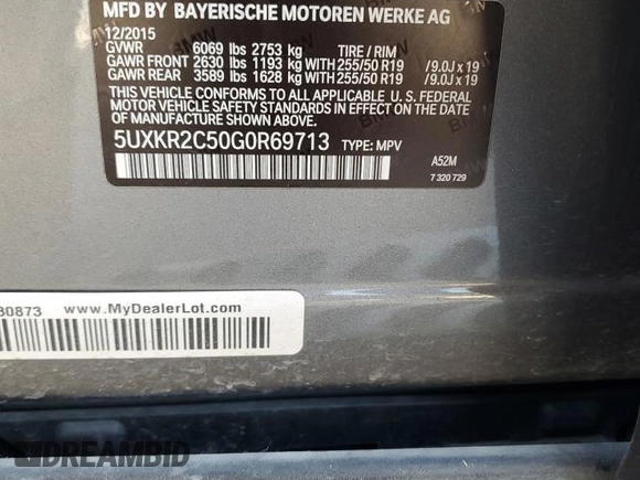 2016 BMW X5 sDrive35i with VIN 5UXKR2C50G0R69713, listed as a Copart auction lot 52782535 with 116,233 mi miles and Salvage Title. Bid and sale history available at carsss.com. Image 13.