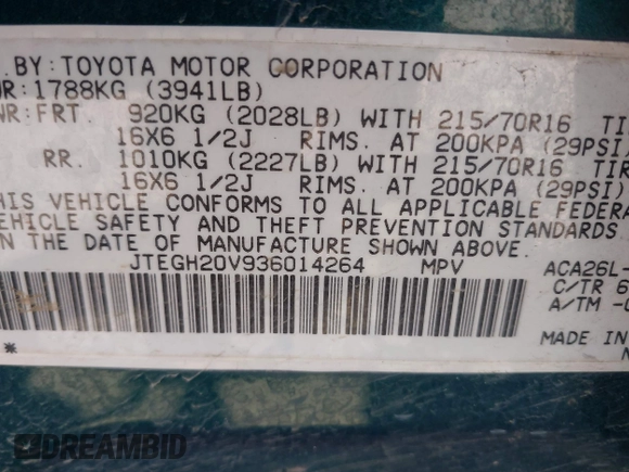 2003 Toyota RAV4 with VIN JTEGH20V936014264, listed as a IAAI auction lot 41845767 with 142,137 mi miles. Bid and sale history available at carsss.com. Image 9.