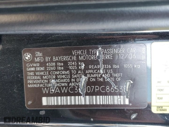 2007 BMW 3 Series 328xi with VIN WBAWC33507PC86539, listed as a Copart auction lot 43859145 with 212,200 mi miles and Non Repairable. Bid and sale history available at DreamBid. Image 12.