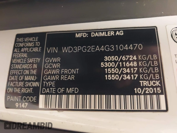 2016 Mercedes-Benz Metris Cargo with VIN WD3PG2EA4G3104470, listed as a IAAI auction lot 42344633 with 139,781 mi miles and . Bid and sale history available at DreamBid. Image 9.
