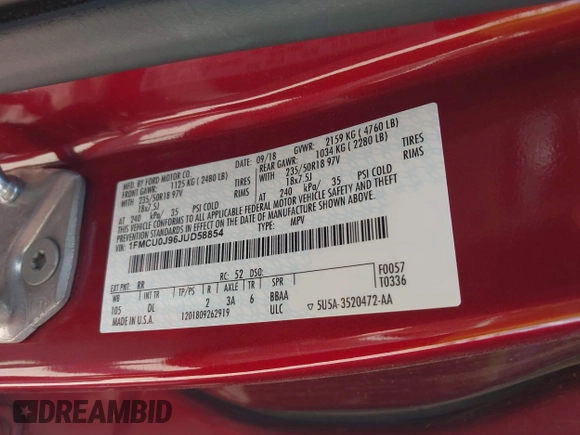 2018 Ford Escape Titanium with VIN 1FMCU0J96JUD58854, listed as a IAAI auction lot 42590609 with 77,825 mi miles and . Bid and sale history available at DreamBid. Image 9.