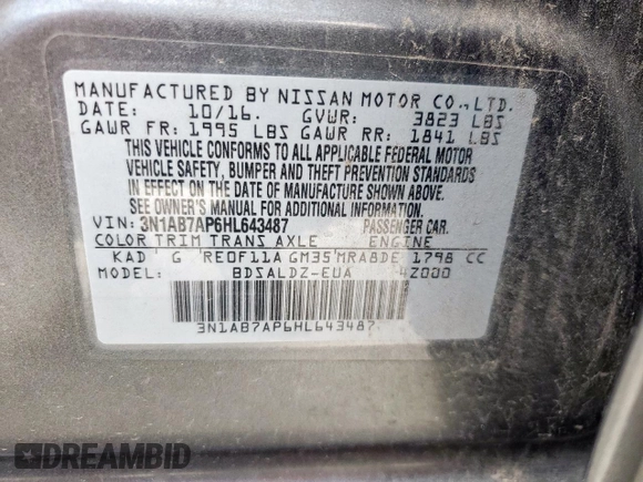 2017 Nissan Sentra SV z VIN 3N1AB7AP6HL643487, wystawiony jako Copart lot #60319885 z przebiegiem 114 548 mil mil oraz Szkoda całkowita • Salvage title. Historia ofert i sprzedaży dostępna na DreamBid. Obrazek 12.