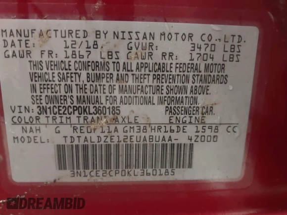 2019 Nissan Note SV with VIN 3N1CE2CP0KL360185, listed as a IAAI auction lot 41939935 with 40,559 mi miles and . Bid and sale history available at DreamBid. Image 9.