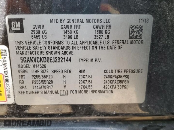 2014 Buick Enclave Premium with VIN 5GAKVCKD0EJ232144, listed as a Copart auction lot 46697835 with 126,069 mi miles and Salvage Title. Bid and sale history available at DreamBid. Image 14.