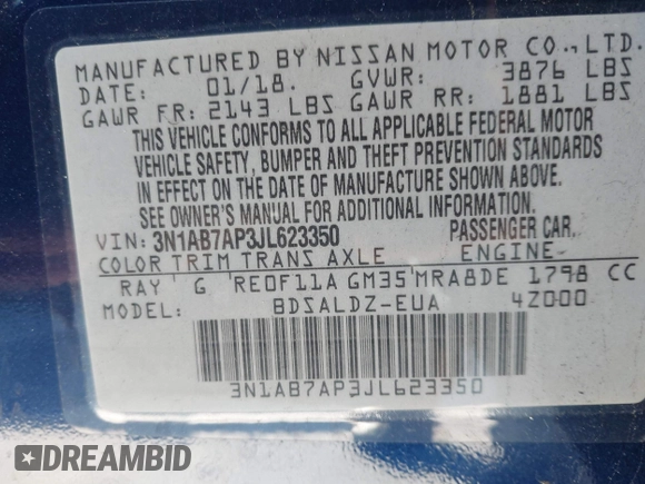 2018 Nissan Sentra SV with VIN 3N1AB7AP3JL623350, listed as a IAAI auction lot 38741920 with 65,230 mi miles. Bid and sale history available at carsss.com. Image 9.