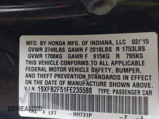 2015 Honda Civic LX with VIN 19XFB2F51FE235588, listed as a IAAI auction lot 42167966 with Not Provided miles and . Bid and sale history available at carsss.com. Image 9.