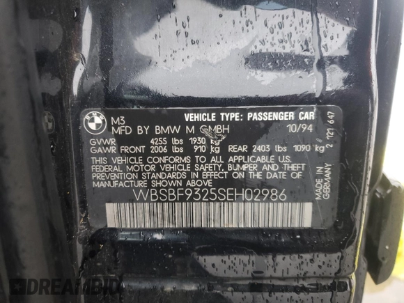 1995 BMW 3 Series M3 with VIN WBSBF9325SEH02986, listed as a Copart auction lot 41598065 with 202,620 mi miles and Salvage Title. Bid and sale history available at DreamBid. Image 13.