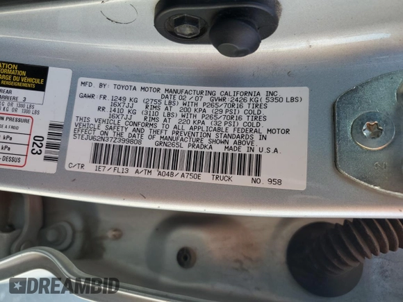 2007 Toyota Tacoma PreRunner z VIN 5TEJU62N37Z399808, wystawiony jako Copart lot #56256125 z przebiegiem 175 093 mil mil oraz Szkoda całkowita • Salvage title. Historia ofert i sprzedaży dostępna na DreamBid. Obrazek 13.