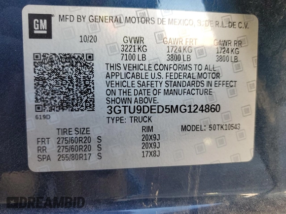 2021 GMC Sierra 1500 SLT z VIN 3GTU9DED5MG124860, wystawiony jako Copart lot #45352655 z przebiegiem 41 482 mil mil oraz Szkoda całkowita • Salvage title. Historia ofert i sprzedaży dostępna na DreamBid. Obrazek 14.