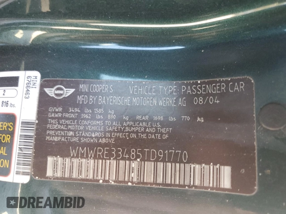 2005 MINI Hardtop S с VIN WMWRE33485TD91770, выставлен на аукционе Copart как лот 53641335 с пробегом 130 450 миль миль и Чистый • Clean title. История ставок и продаж доступна на DreamBid. Изображение 13.
