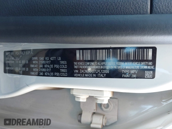 2020 Jeep Renegade Sport with VIN ZACNJAAB7LPL12899, listed as a IAAI auction lot 41227832 with 46,698 mi miles and . Bid and sale history available at carsss.com. Image 9.