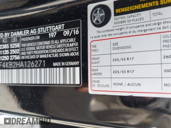 2017 Mercedes-Benz E 300 Luxury with VIN WDDZF4KB2HA126271, listed as a IAAI auction lot 42336777 with 253,907 mi miles and . Bid and sale history available at DreamBid. Image 9.
