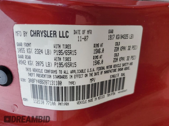 2008 Chrysler PT Cruiser z VIN 3A8FY48B28T131180, wystawiony jako Copart lot #55998825 z przebiegiem 117 185 mil mil oraz Szkoda całkowita • Salvage title. Historia ofert i sprzedaży dostępna na DreamBid. Obrazek 12.