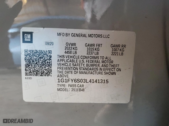 2020 Chevrolet Bolt EV LT with VIN 1G1FY6S03L4141315, listed as a Copart auction lot 49989565 with 53,314 mi miles and Salvage Title. Bid and sale history available at carsss.com. Image 12.