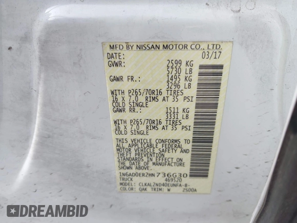 2017 Nissan Frontier SV with VIN 1N6AD0ER2HN736630, listed as a IAAI auction lot 41708519 with 75,896 mi miles and . Bid and sale history available at DreamBid. Image 9.