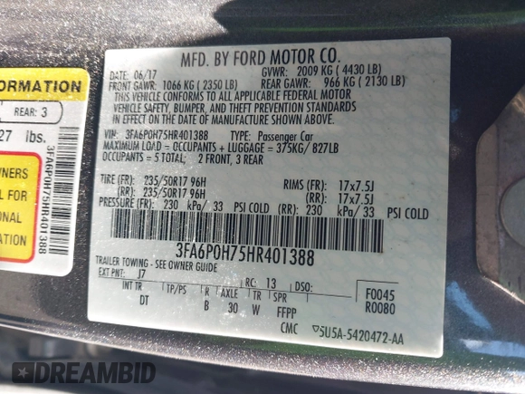 2017 Ford Fusion SE with VIN 3FA6P0H75HR401388, listed as a IAAI auction lot 41868407 with 147,102 mi miles and . Bid and sale history available at DreamBid. Image 9.