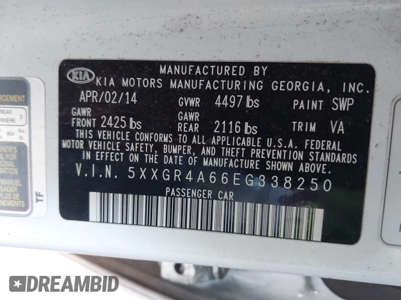 2014 Kia Optima SX Turbo with VIN 5XXGR4A66EG338250, listed as a IAAI auction lot 41583587 with 127,814 mi miles and . Bid and sale history available at DreamBid. Image 9.