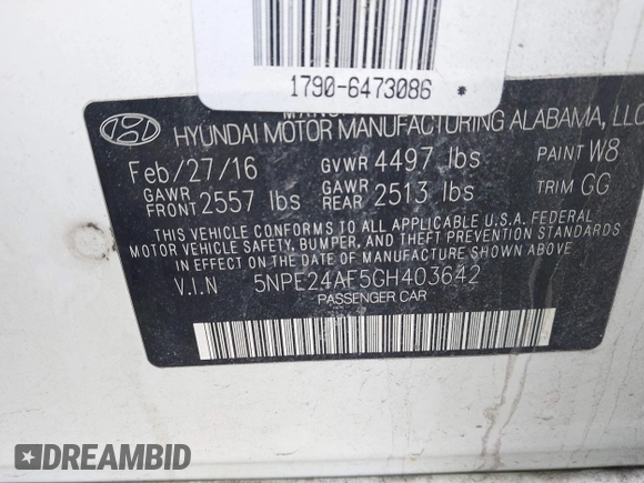 2016 Hyundai Sonata 2.4L with VIN 5NPE24AF5GH403642, listed as a IAAI auction lot 41877194 with 147,457 mi miles and . Bid and sale history available at carsss.com. Image 9.