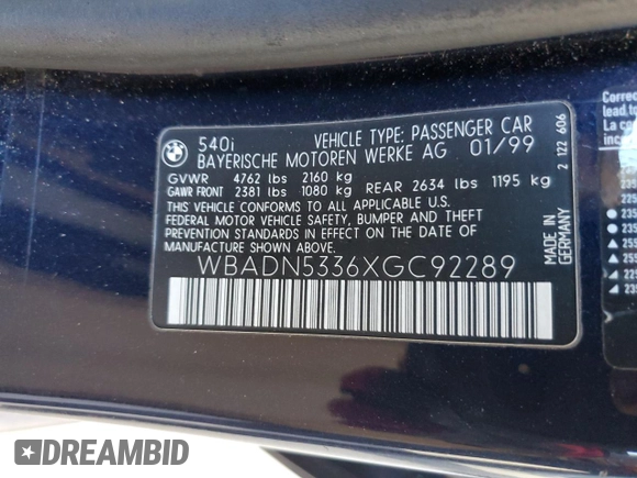 1999 BMW 5 Series 540i with VIN WBADN5336XGC92289, listed as a Copart auction lot 80492894 with 0 mi miles and Clean Title. Bid and sale history available at carsss.com. Image 13.